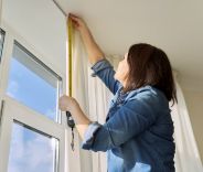 A female installing curtains